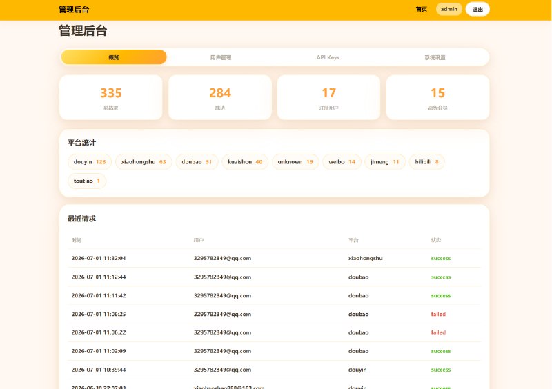 📢 去水印API总站系统 全开源 所有去水印功能在本地实现🏷️ #源码👉🏻 